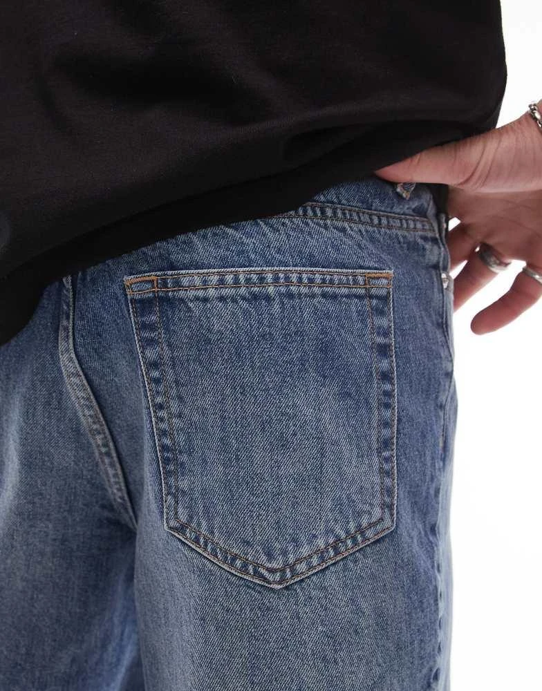 Topman Topman denim straight leg short with raw hem in mid blue wash 5