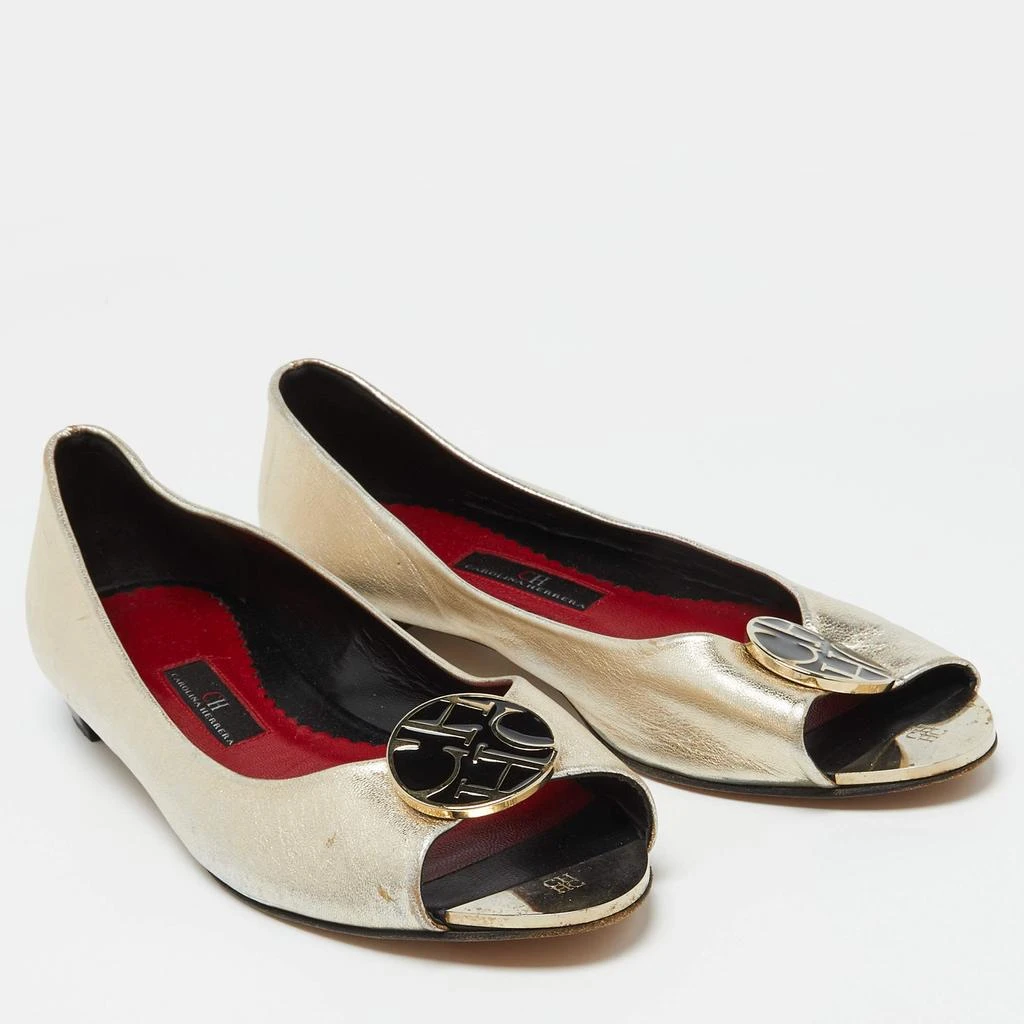 CH Carolina Herrera CH Carolina Herrera Gold Leather Logo Peep-Toe Ballet Flats Size 38 4
