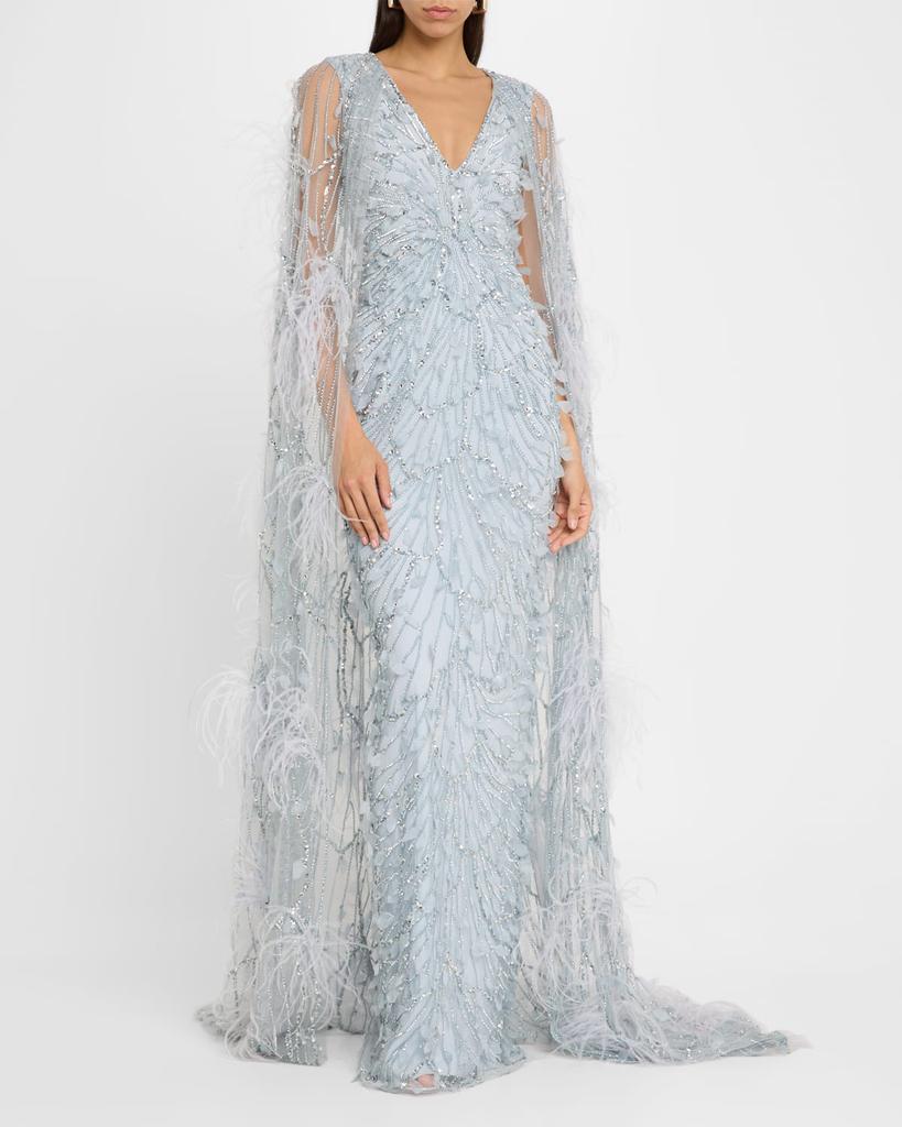 Pamella Roland Crystal Feather Embroidered Tulle Caped Gown