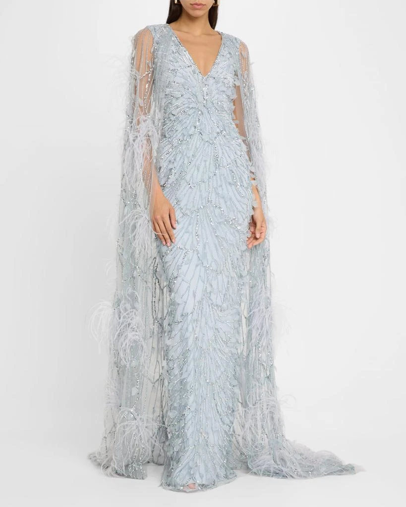 Pamella Roland Crystal Feather Embroidered Tulle Caped Gown 2