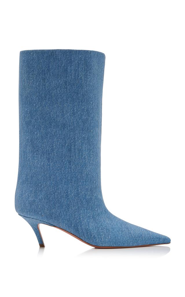 Amina Muaddi Amina Muaddi - Fiona Denim-Printed Suede Boots - Blue - IT 39.5 - Moda Operandi