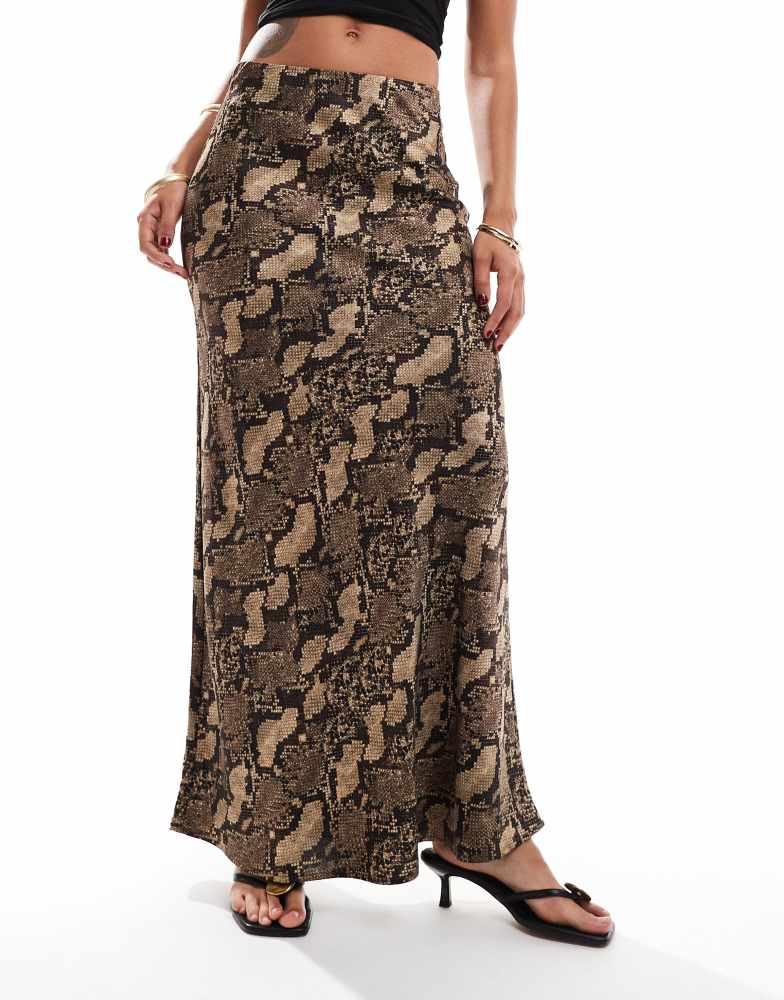 Y.A.S. YAS satin high waist maxi skirt in snake print - BROWN