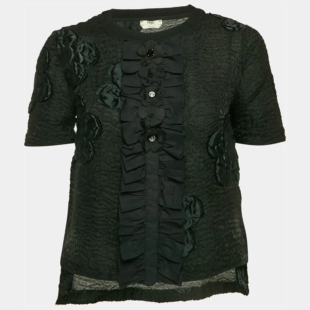 Fendi Fendi Black Floral Embroidered Wool Blend Blouse S
