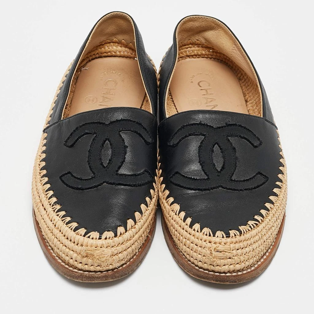 Chanel Chanel Beige/Black Leather and Raffia CC Espadrille Flats Size 36 3