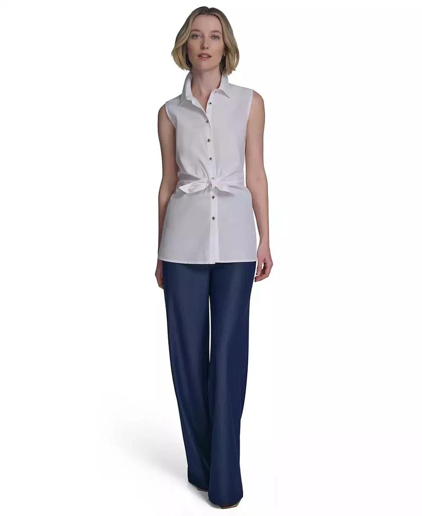 HALSTON Women's Cotton Tie-Waist Button-Front Sleeveless Blouse 5