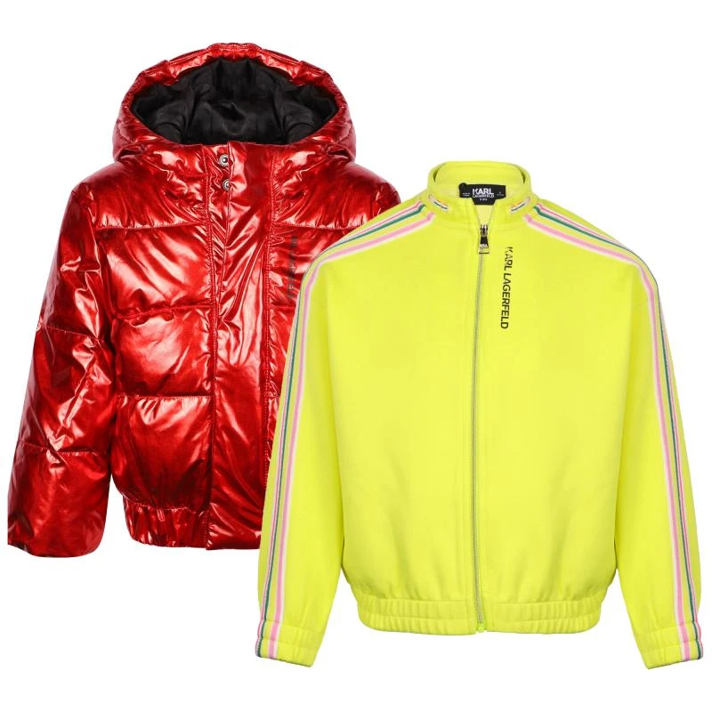 Karl Lagerfeld Paris Red logo puffer and high collar neon yellow jackets set 1