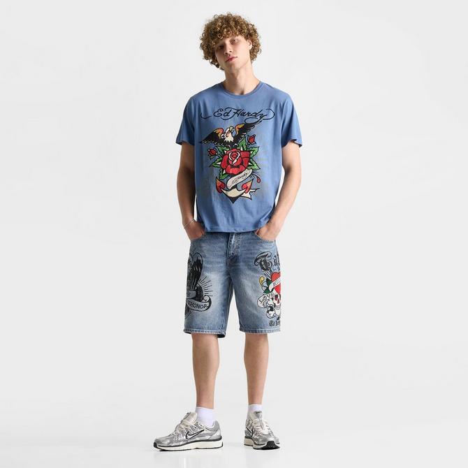 ED HARDY Men's Ed Hardy Skull Skater Denim Shorts