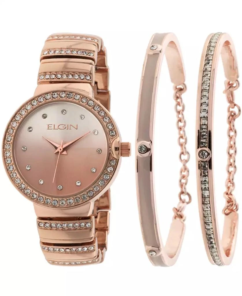 Elgin Women's 3 Piece Rose Gold-Tone Strap Watch and Bracelet Set 1