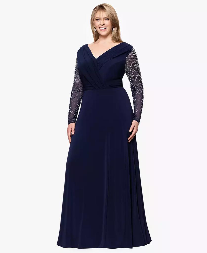 Betsy & Adam Plus Size V-Neck Beaded Long A-Line Dress