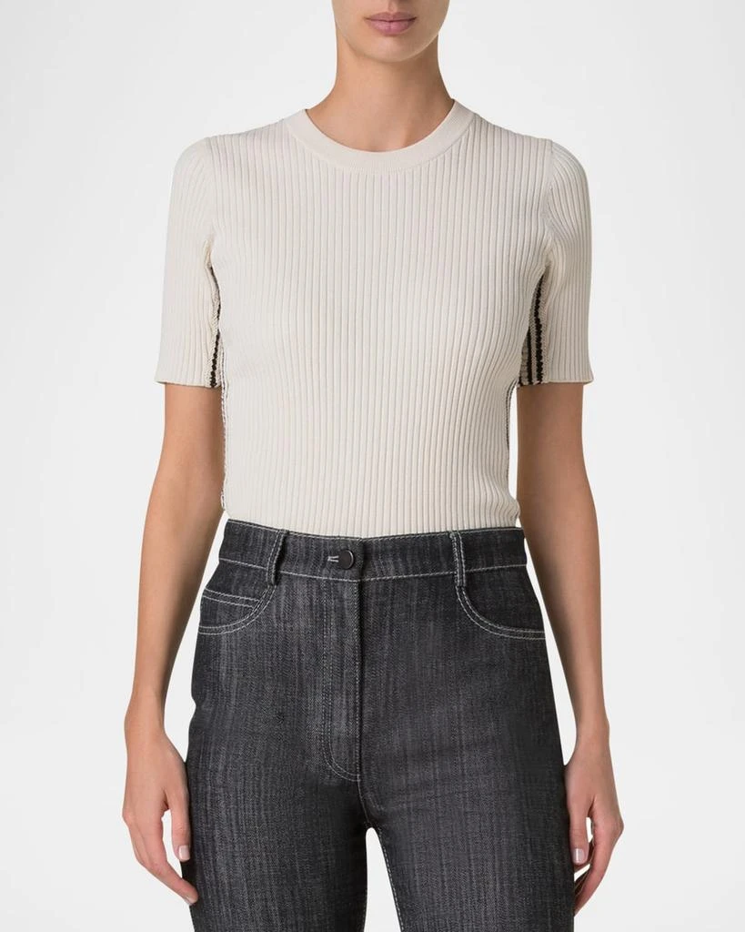 Akris Crochet Stripe Rib Knit Short Sleeve Sweater 4