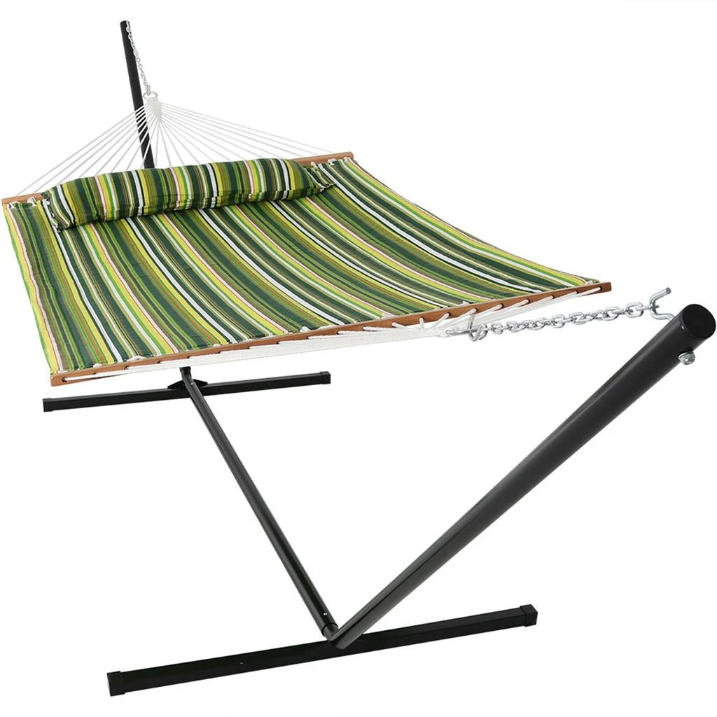 Sunnydaze 2-Person Quilted Fabric Spreader Bar Hammock with Detachable Pillow and Stand - 400 lb Weight Capacity/15' Stand 15