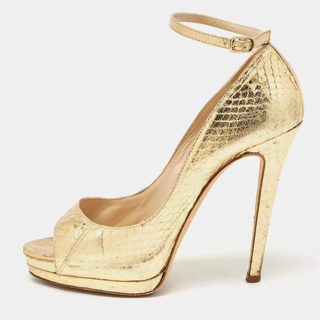 Oscar de la Renta Oscar de la Renta Metallic Gold Python Embossed Peep Toe Ankle Strap Pumps Size 37.5 1