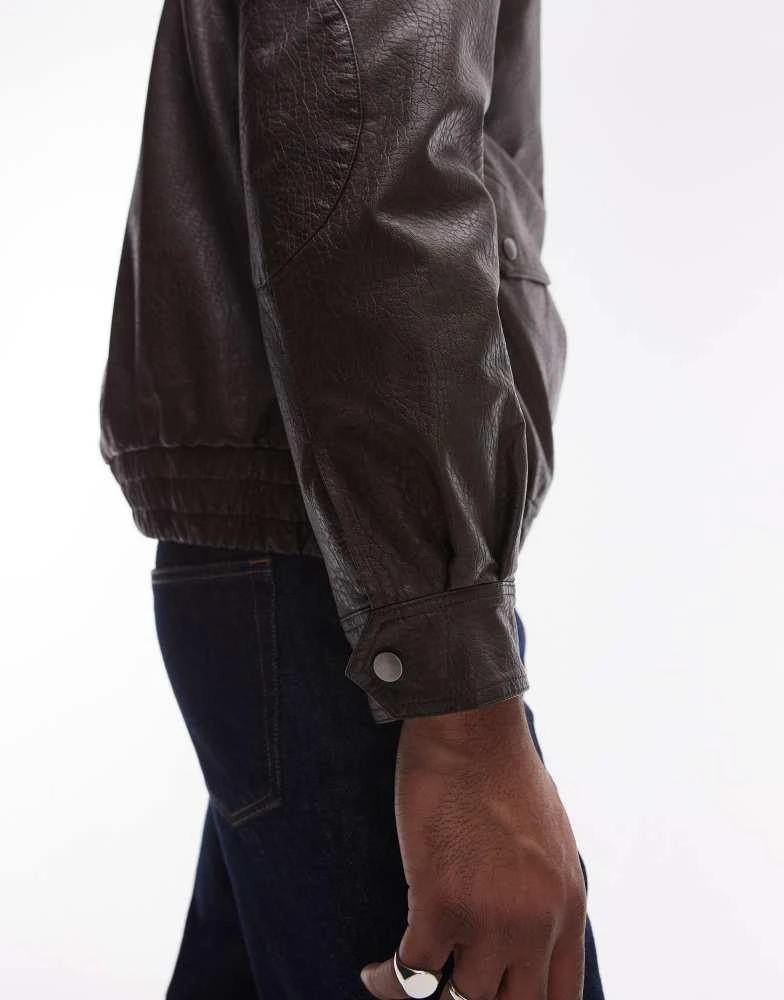 Topman Topman faux leather harrington jacket in brown 4