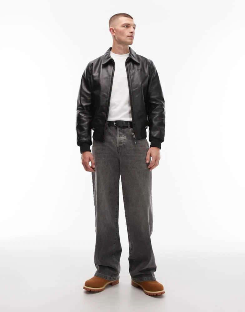 Schott Schott premium  real leather collar detail bomber jacket in black 2