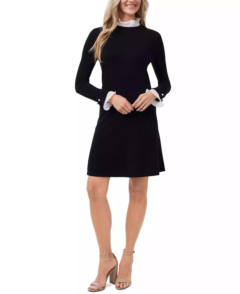 CeCe Women's Ruffle Collar & Sleeve Imitation Pearl Trim Sweater Dress