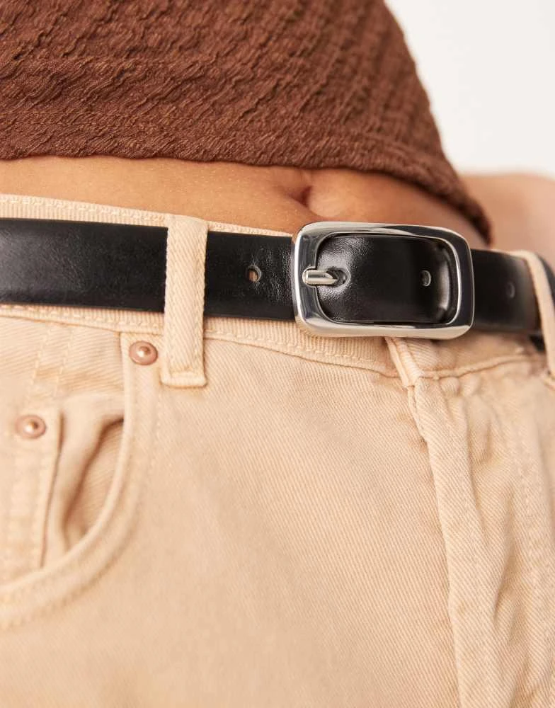 Mango Mango slim belt with rectangle gold buckle in black 2