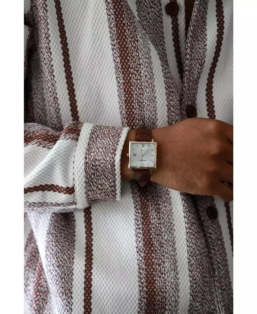 Peugeot Men's 35mm 14K Gold Plated Square Watch with Brown leather Strap 3