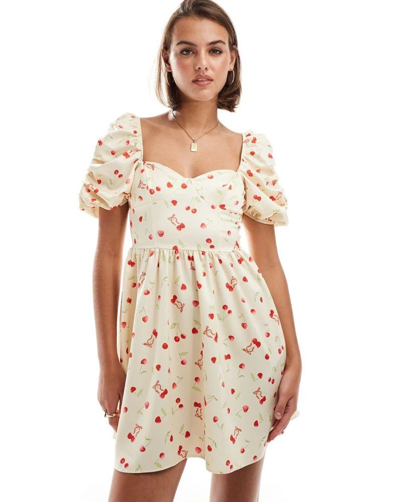 Miss Selfridge Miss Selfridge satin corset puff sleeve mini dress in cherry print 3