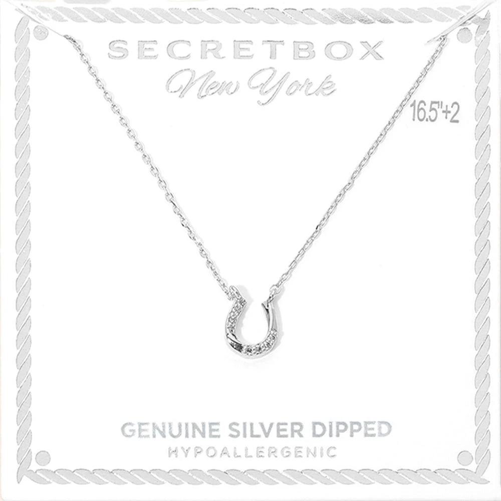 FASHNZFAB SECRET BOX_Genuine Silver Dipped Hypoallergenic Stone Pave Horseshoe Pendant Necklace