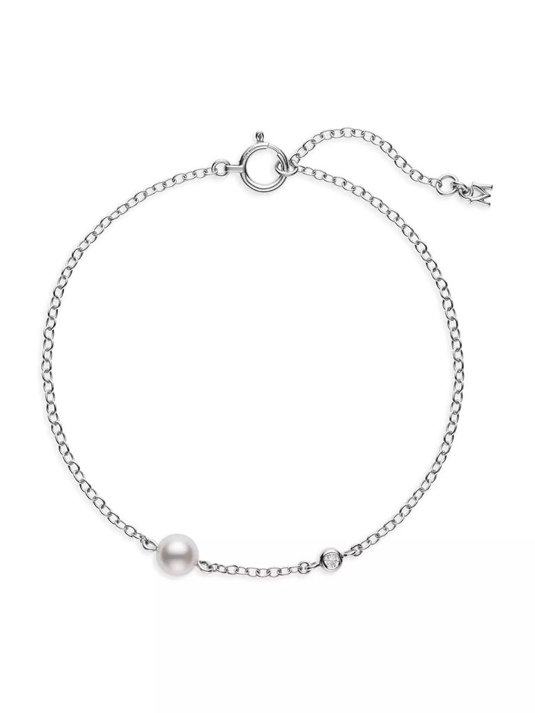 Mikimoto 18K White Gold, Diamond & 5MM Round White Akoya Cultured Pearl Station Bracelet