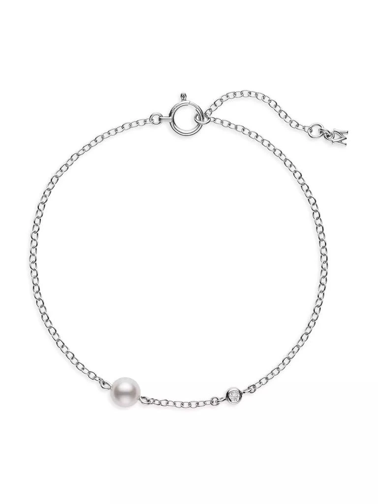 Mikimoto 18K White Gold, Diamond & 5MM Round White Akoya Cultured Pearl Station Bracelet 1