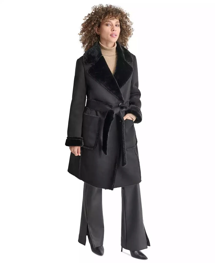DKNY Women's Belted Notched-Collar Faux-Shearling Coat, Created for Macy's 3