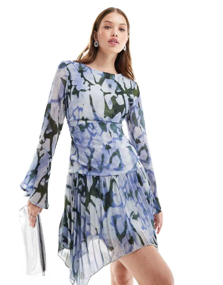 ASOS ASOS DESIGN pleated hanky hem mini dress in blue green abstract print 2