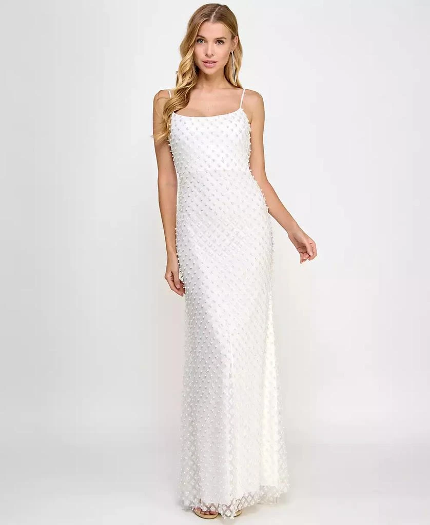 B Darlin Juniors' Glitter and Faux-Pearls Open-Back Gown - Off White - Size 1/2