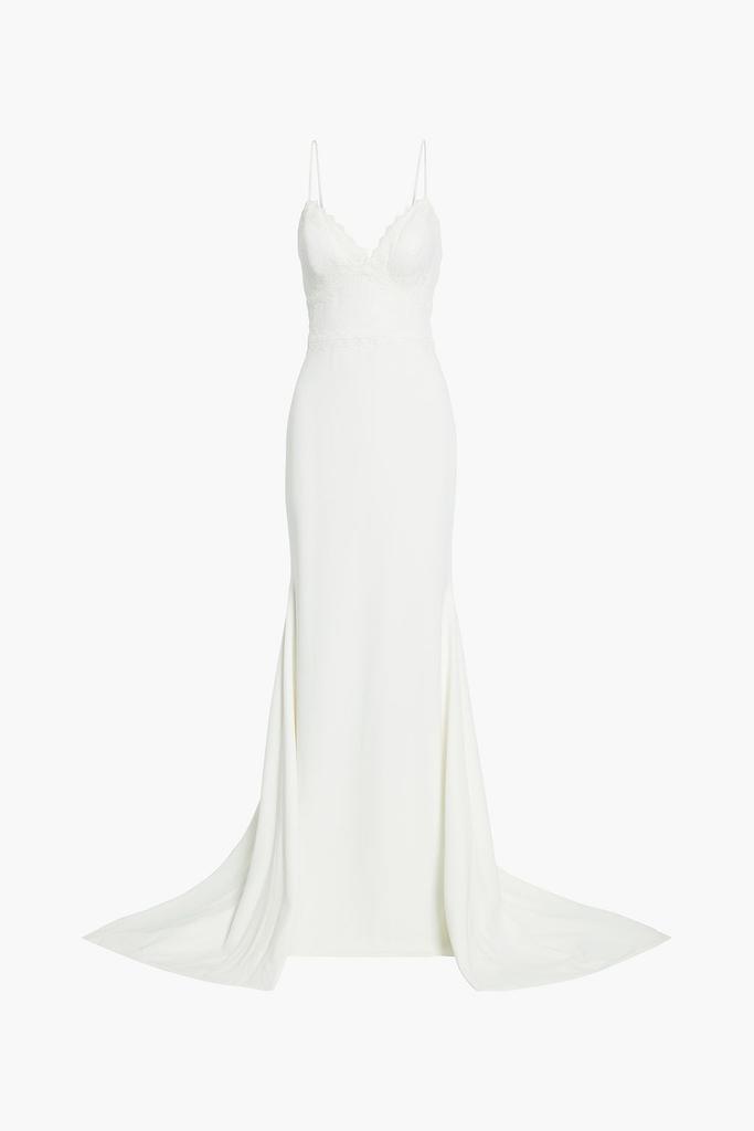 Theia Button-embellished embroidered lace and crepe bridal gown