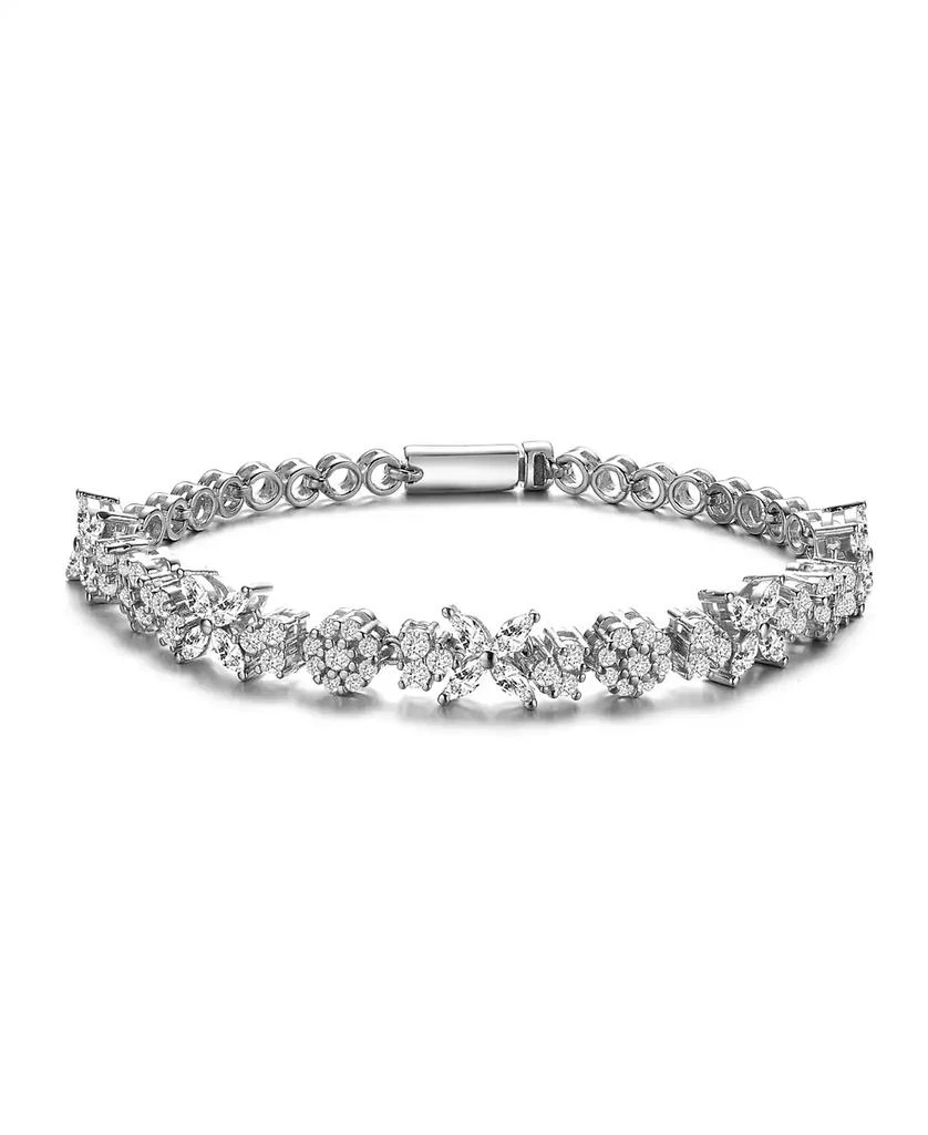Genevive Sterling Silver with White Gold Plated Clear Round and Marquise Cubic Zirconia Cluster Flower-Inspired Tennis Bracelet