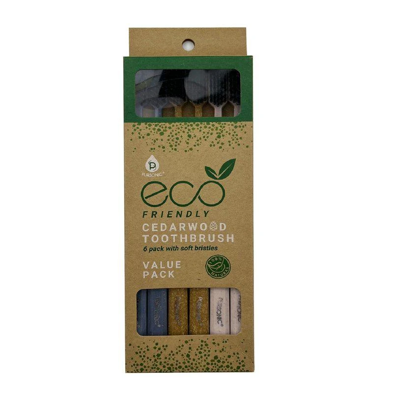 PURSONIC 100% Eco-Friendly Cedarwood Toothbrushes 6 Pack