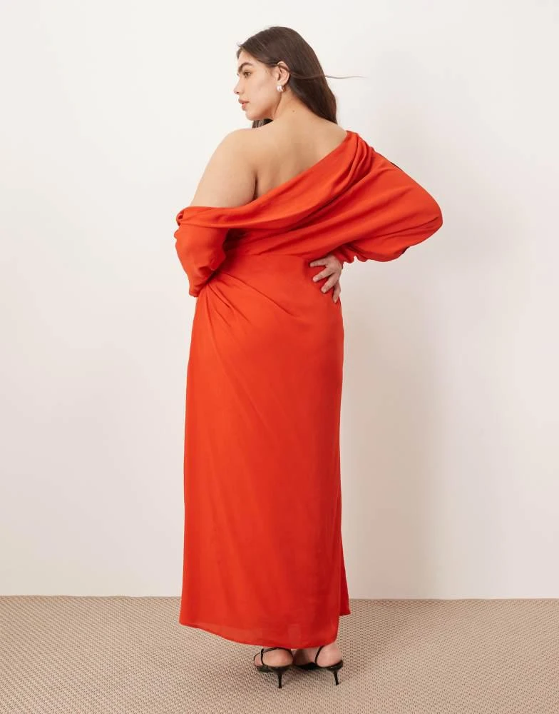 ARRANGE ARRANGE Curve linear embroidered floral slouchy shoulder drape midi dress in red 4