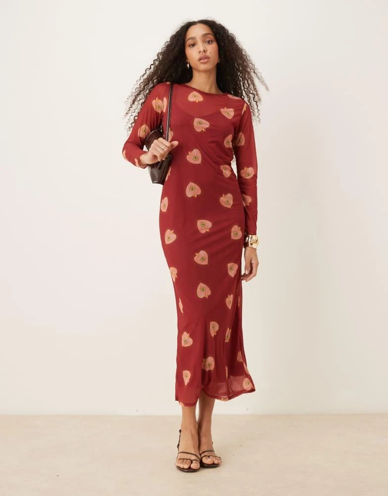 Never Fully Dressed Never Fully Dressed long sleeve heart print mesh maxi  dress in burgundy - Dresses & Skirts - Free Shipping - BeyondStyle