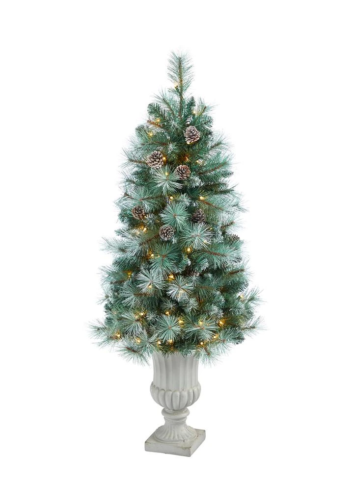 NEARLY NATURAL 4.5 Foot Frosted Tip British Columbia Mountain Pine Artificial Christmas Tree with 100 Clear Lights, Pine Cones, and 228 Bendable Branches in Decorative Urn