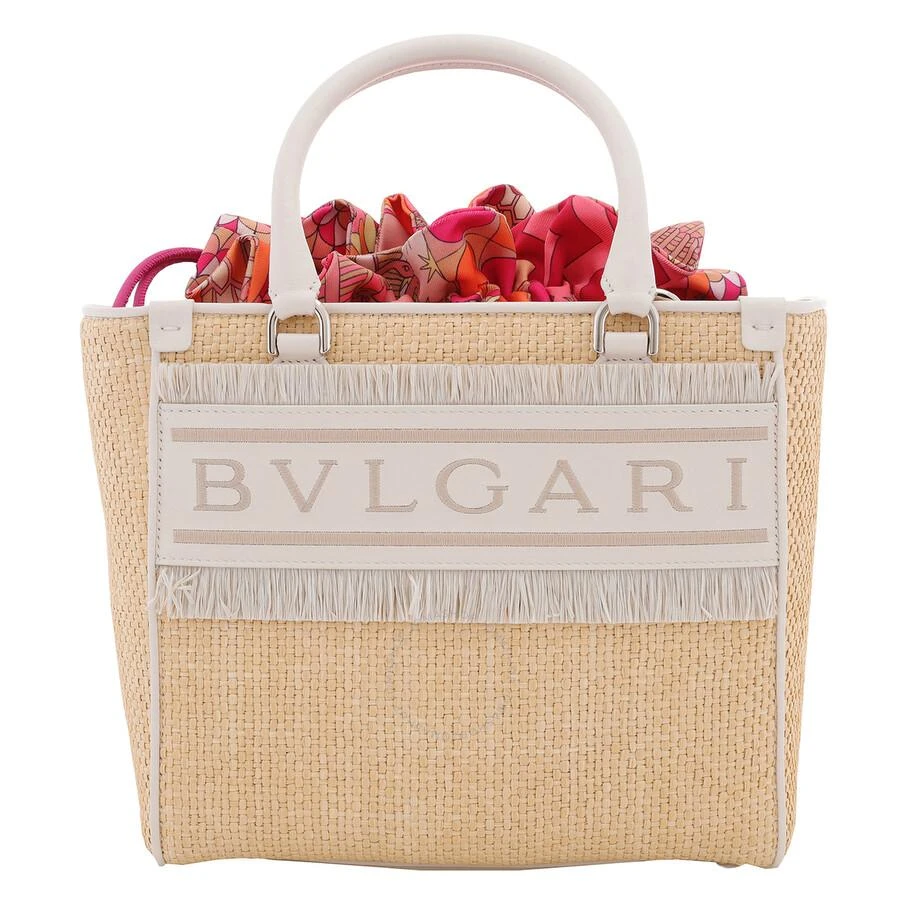 BVLGARI Ivory Raffia Logo Tote Bag 1