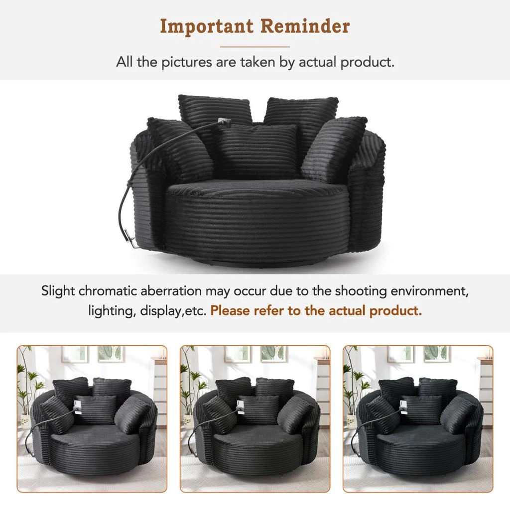 Streamdale Furniture Streamdale 360° Swivel Corduroy Accent Barrel Chair with 5 Pillows 
Phone Holder, Black 3