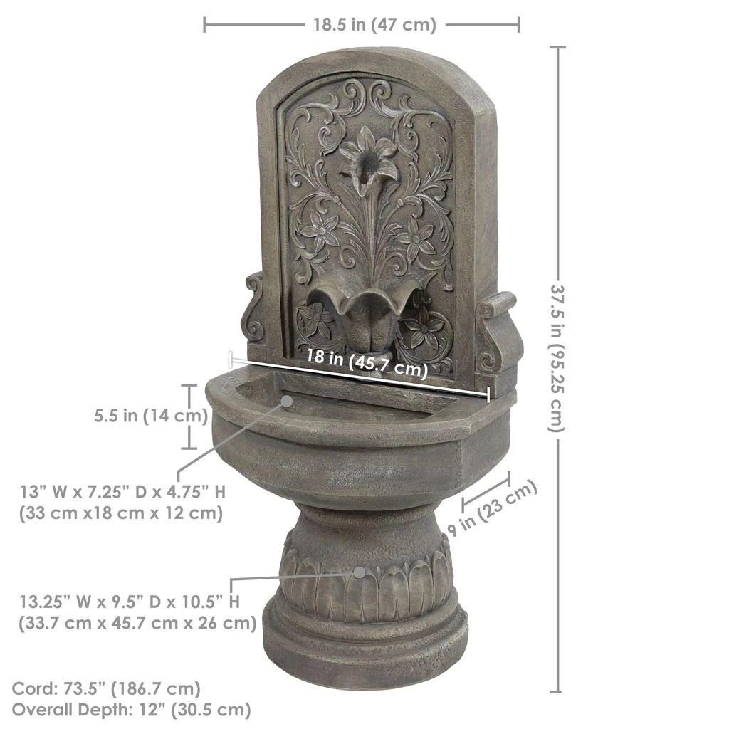 Sunnydaze Lovely Lily Polyresin Flat Back Pedestal Outdoor Wall Fountain for the Patio, Deck, or Yard - 37.5" - Gray 3