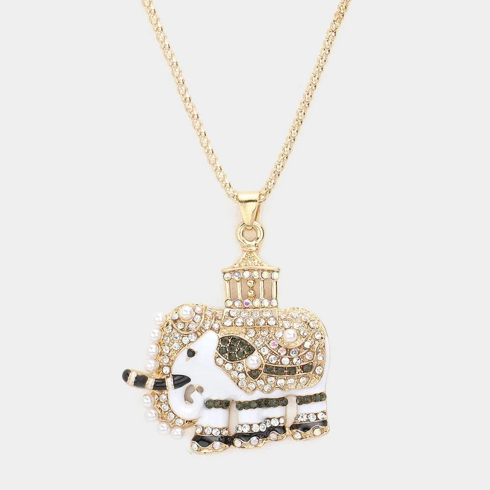 FASHNZFAB Pave Glass Crystal Pearl Accented ELEPHANT Pendant Necklace