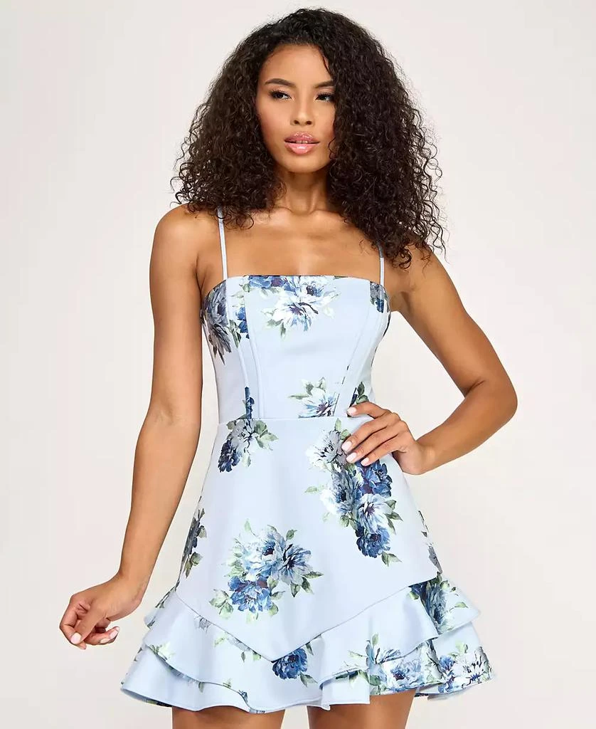 mini dress juniors VIOLET WEEKEND JUNIORS' BARDOT NECK FLORAL JACQUARD PLEATED MINI DRESS   Kelly Grace Brands
