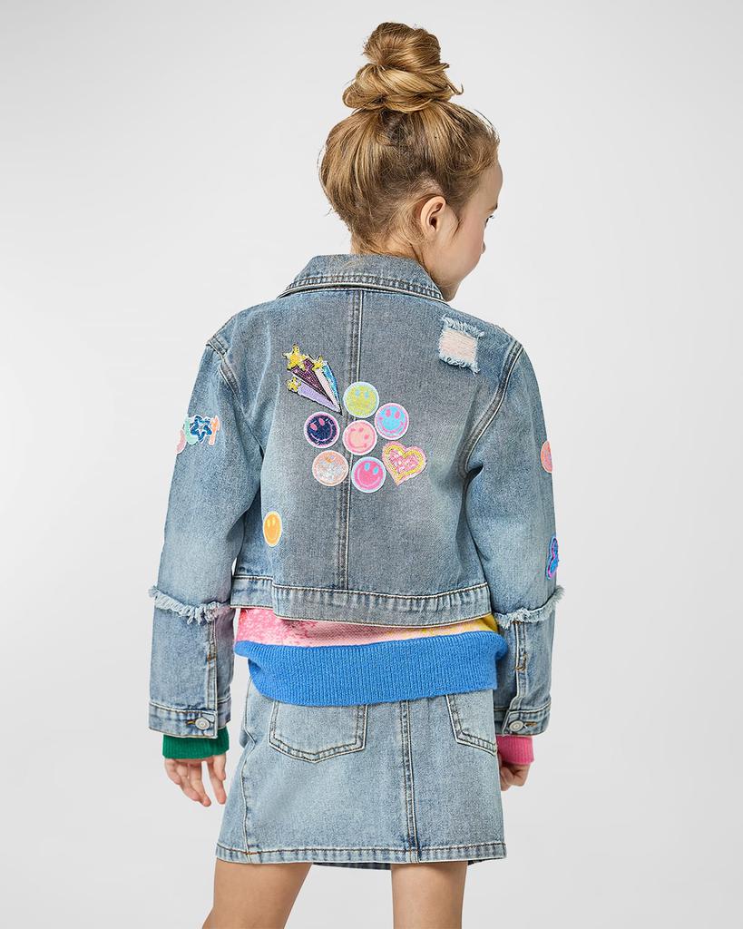 Hannah Banana Girl's Denim Jacket With Multicolor Patches, Size 4-14
