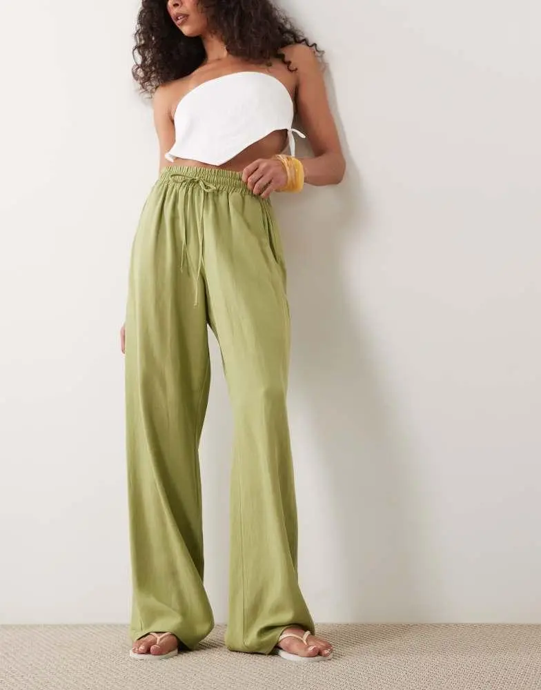 ASOS ASOS DESIGN linen blend wide leg pull on trouser in olive