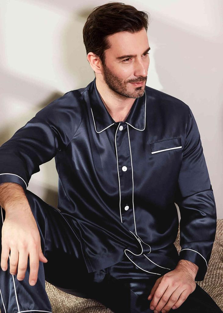 LILYSILK Men's 22 Momme Unique Silk Pajamas Set with Double Row Pipping