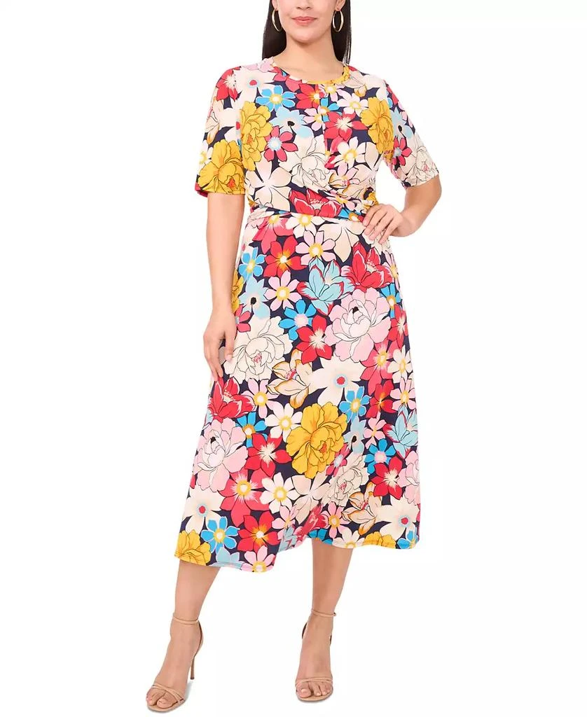 MSK Plus Size Printed Twist Elbow-Sleeve Midi Dress 1