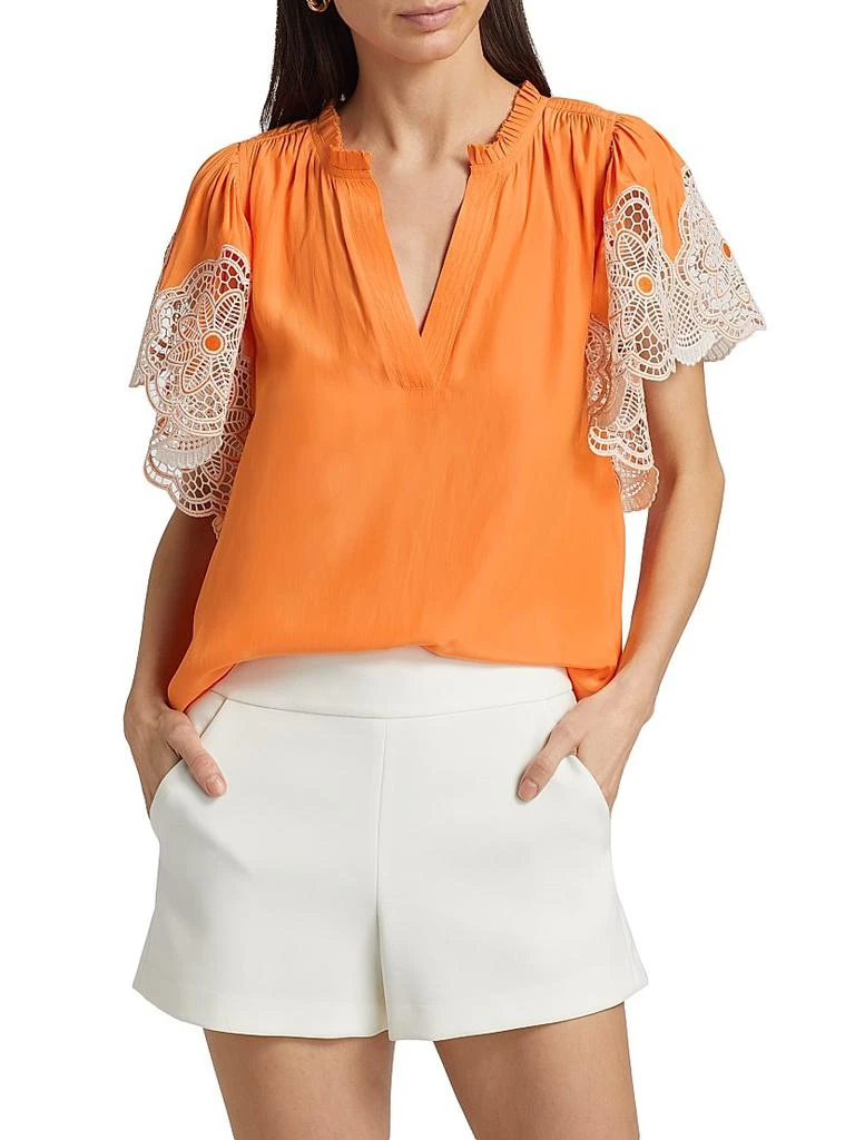 Ramy Brook Esti Lace-Trim Split Neck Flutter-Sleeve Top 3