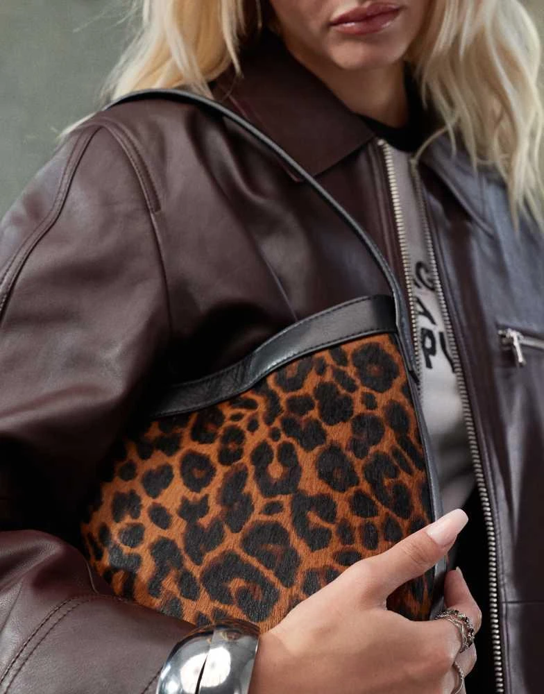 ASOS ASOS DESIGN premium faux leather leopard bucket shoulder bag in brown 3