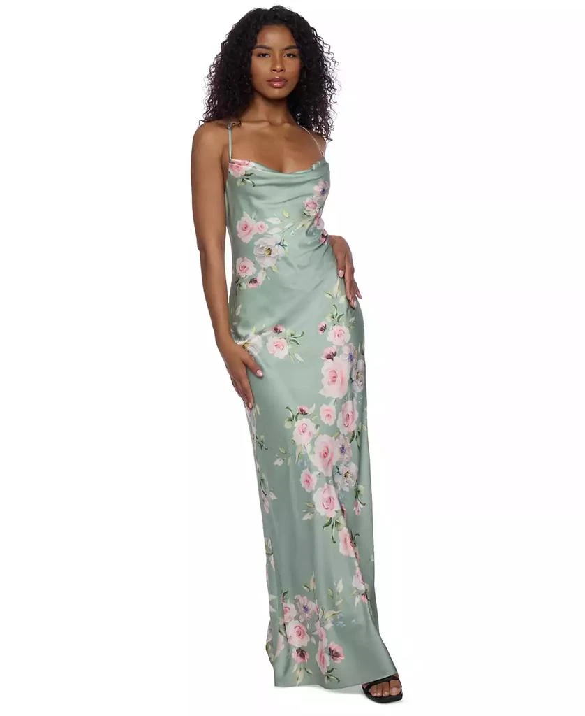 Alex & Sophia Juniors' Floral Satin Cowlneck Gown 4