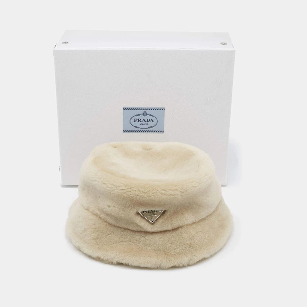 Prada Prada Cream Shearling Logo Plaque Bucket Hat S 7