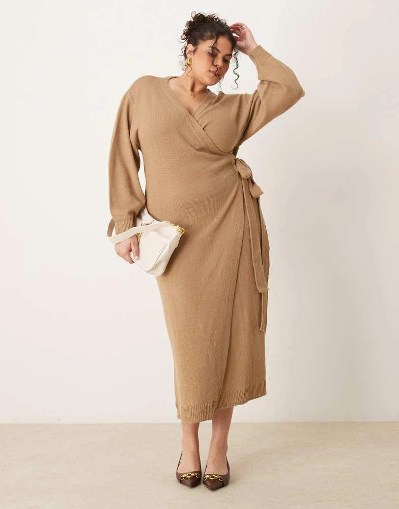 Pretty Lavish Curve Beau wrap knit midaxi dress in soft brown  On Sale Now  with Up to 67% Off | Discover Exclusive Deals & Savings at BeyondStyle   Authentic Pretty Lavish