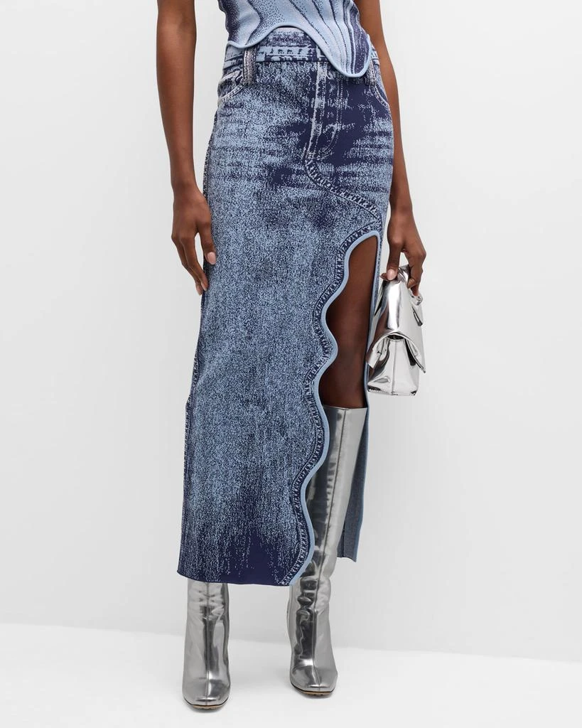 PH5 Lily Denim-Print Wavy Slit Midi Skirt 2