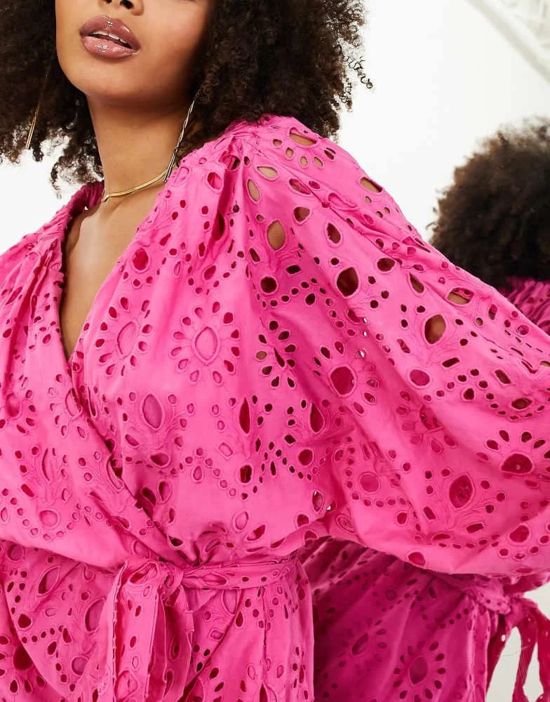 ASOS ASOS EDITION broderie wrap belted mini dress in bright pink 3